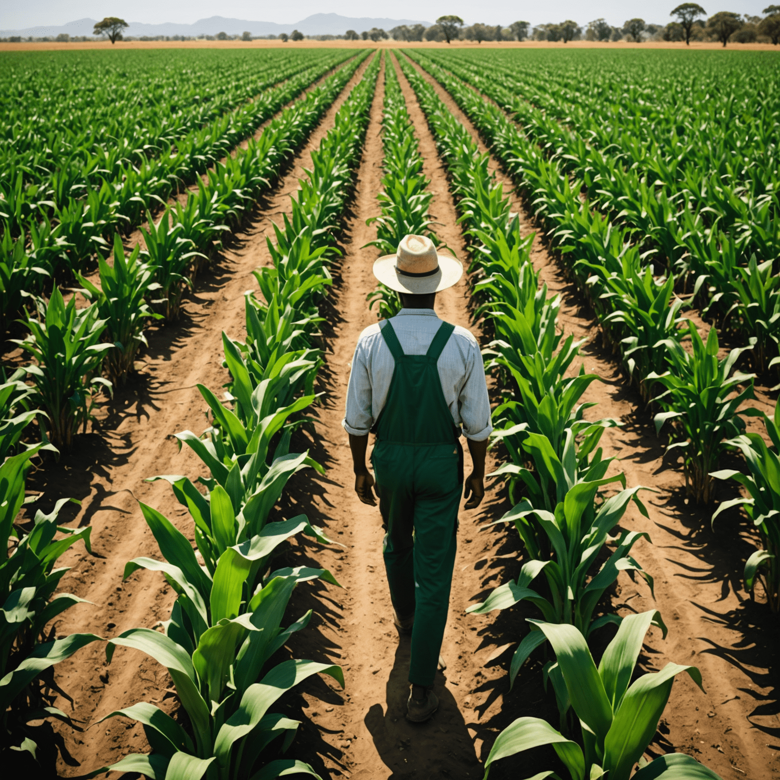 A field of lush, green drought-resistant maize crops thriving under the hot South African sun, with a farmer inspecting the plants