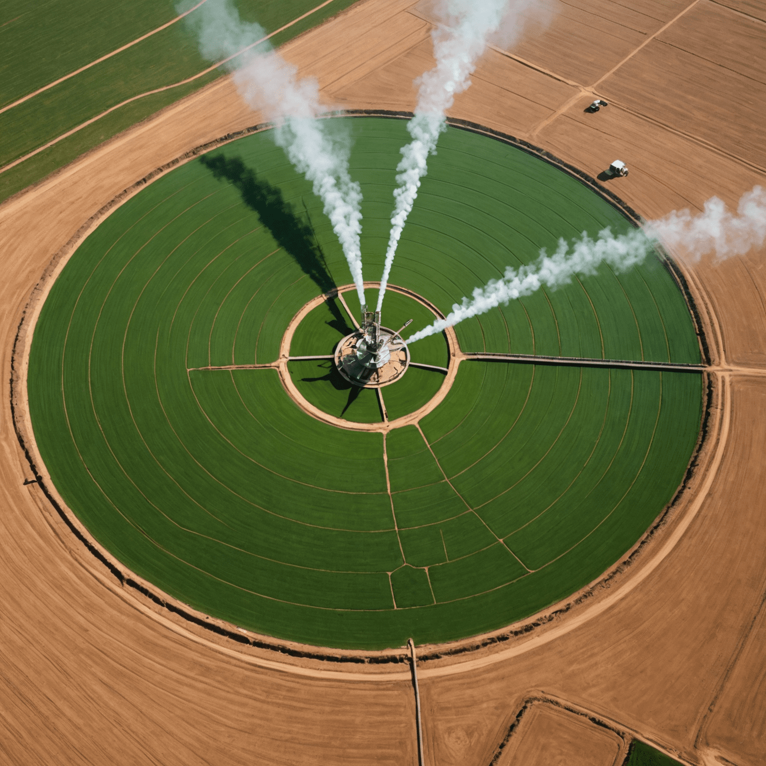 Aerial view of South African farmland with innovative irrigation systems, showcasing circular pivot irrigation and drip irrigation methods in a semi-arid landscape