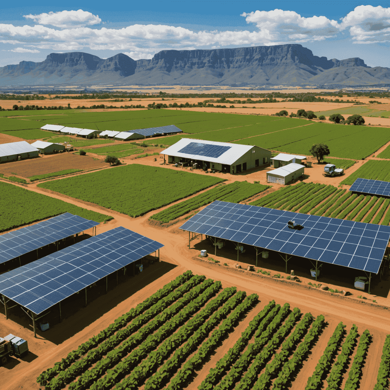 A panoramic view of a South African farm implementing climate-smart practices, showing diverse crops, water-saving irrigation systems, and solar panels