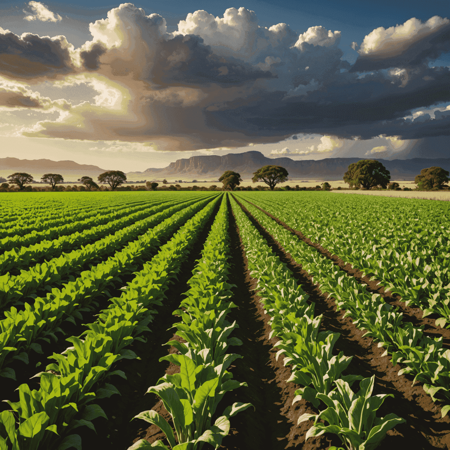 A diverse array of crops growing in a South African farm field, showcasing various plants at different stages of growth under a dramatic sky, symbolizing resilience against climate variability