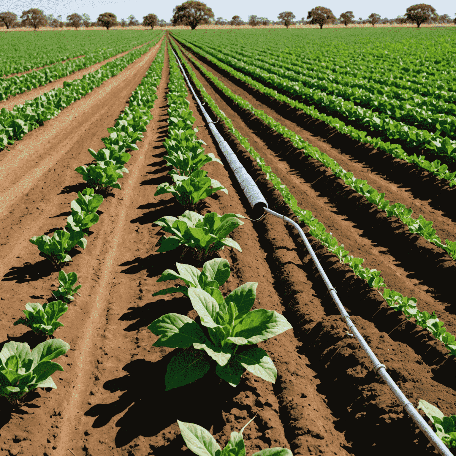 Innovative water conservation techniques being applied in a South African agricultural field, showing drip irrigation systems and soil moisture sensors