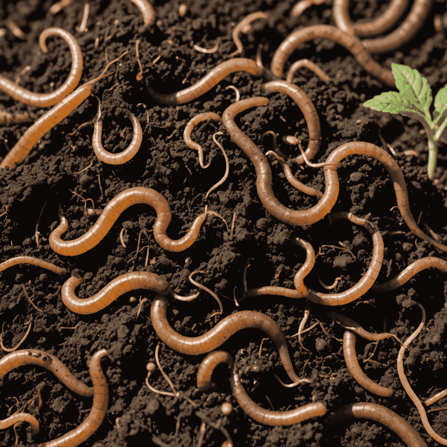 A close-up of rich, dark soil with visible organic matter and earthworms, demonstrating healthy soil structure and biodiversity