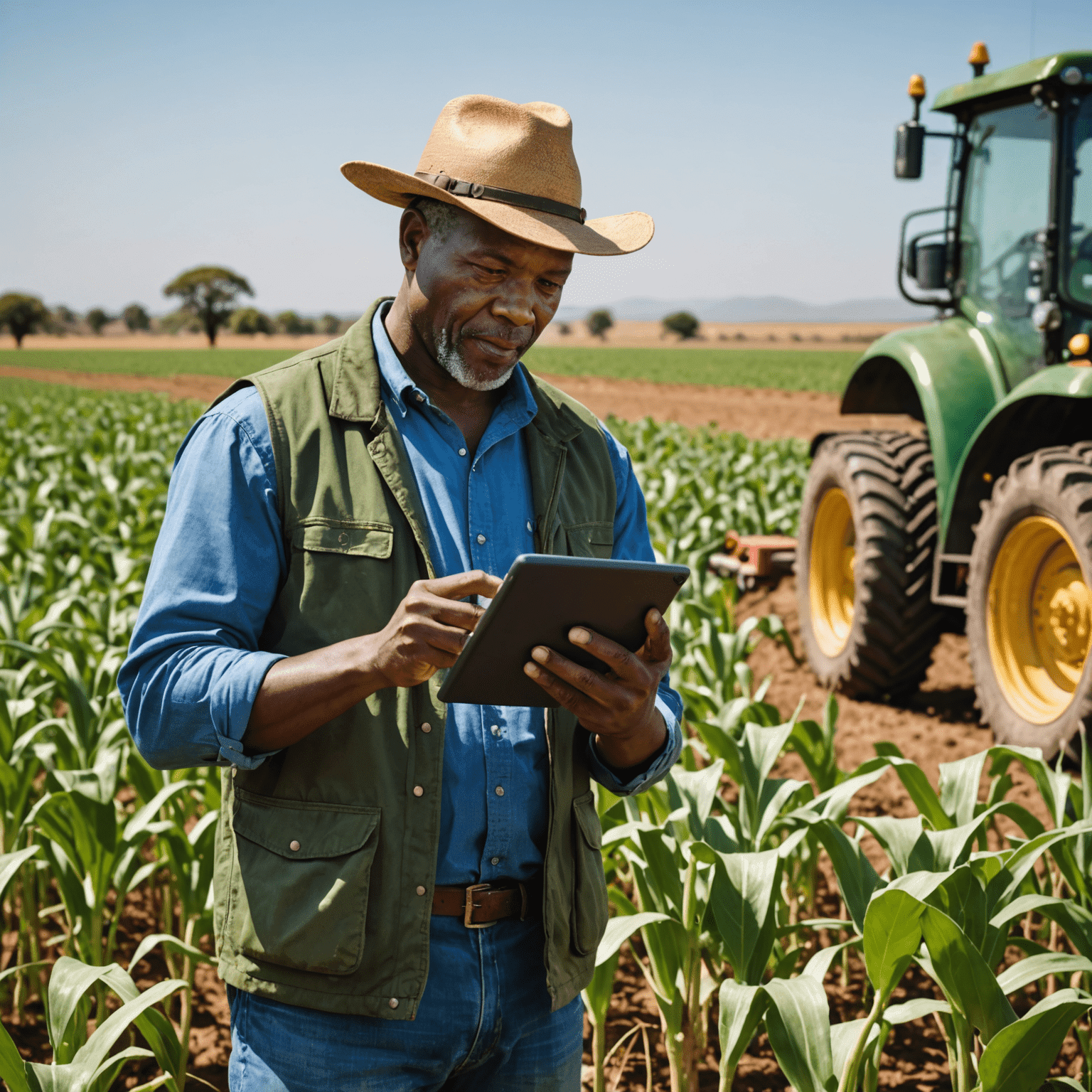 A South African farmer using a tablet in a field, surrounded by advanced agricultural equipment. The image showcases precision agriculture techniques in action.