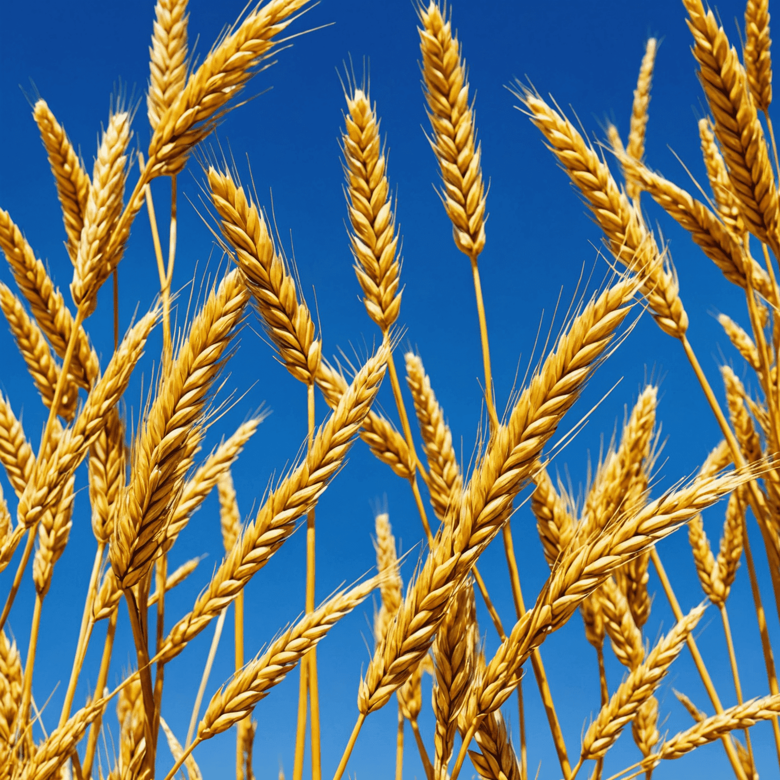 Close-up of drought-resistant wheat ears with golden color against a blue sky, showcasing the plant's resilience