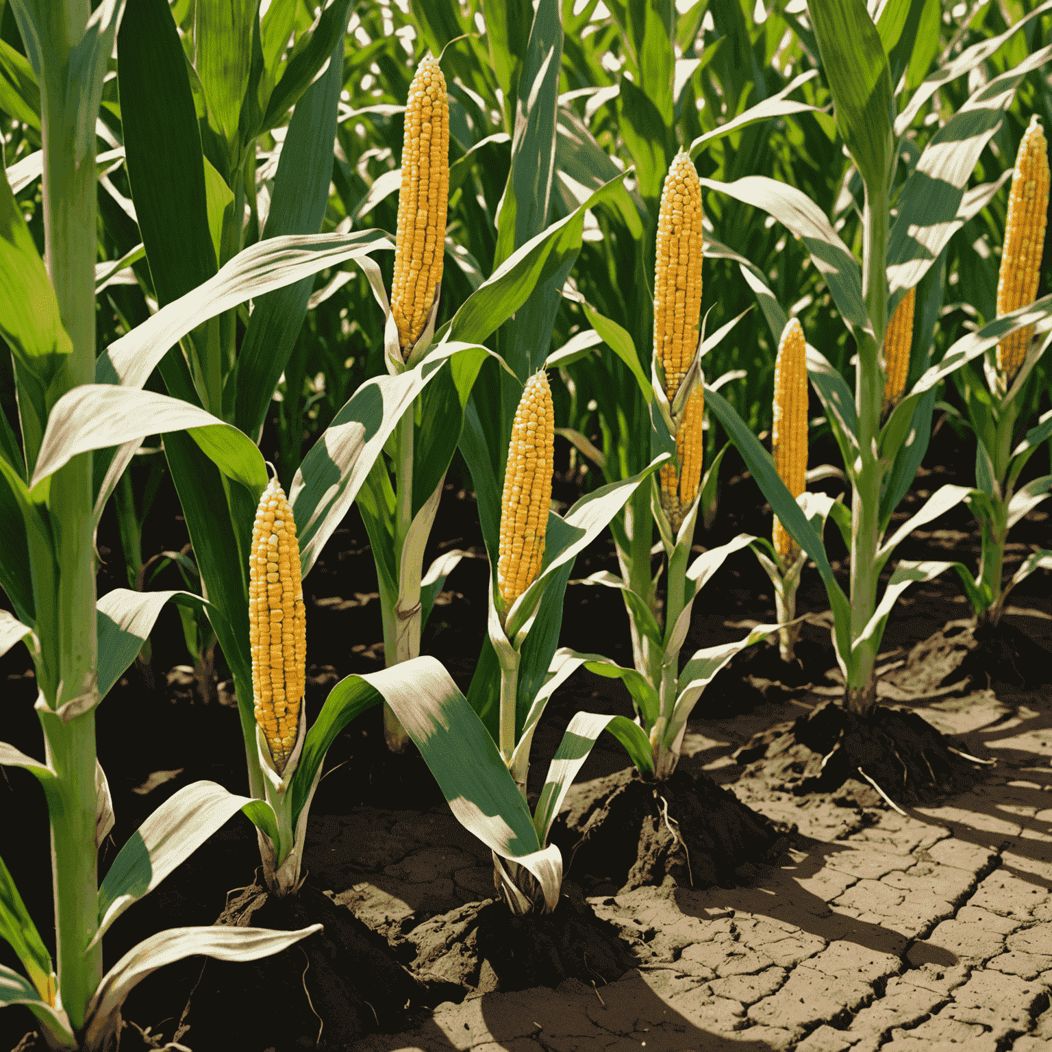 Close-up of drought-resistant maize plants with visible deep root systems, growing in dry soil with minimal water