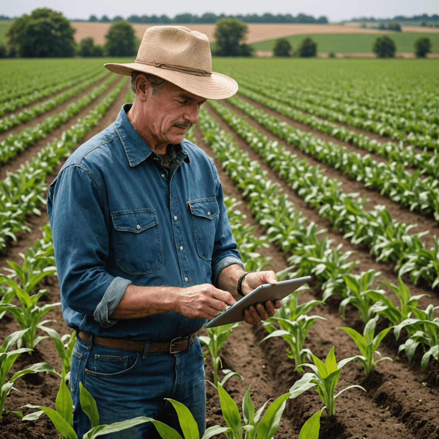 A farmer using a tablet to monitor crop health and soil moisture levels in a field