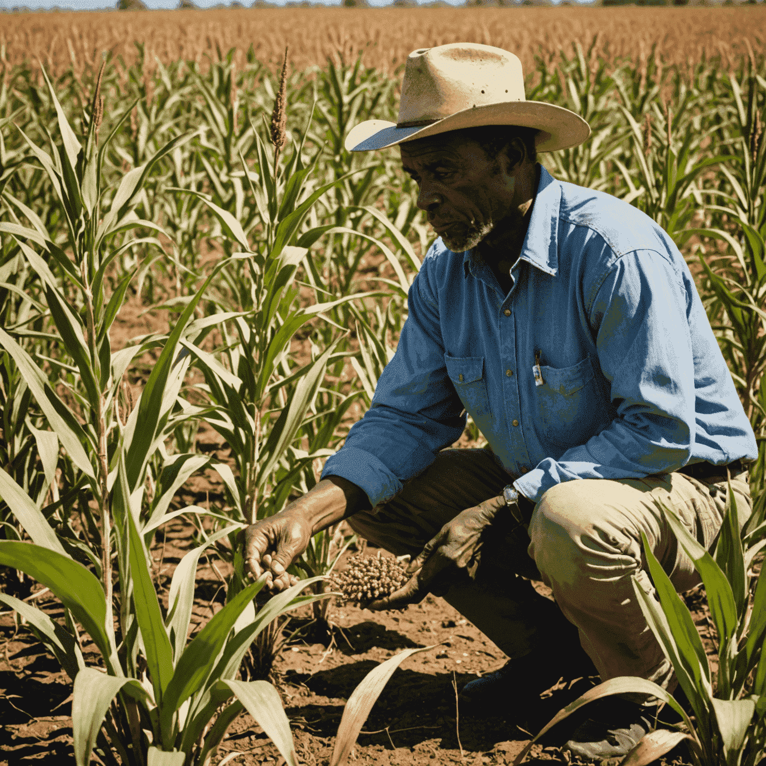 A farmer examining drought-resistant sorghum plants in a South African field, with visible signs of water-saving adaptations in the leaves