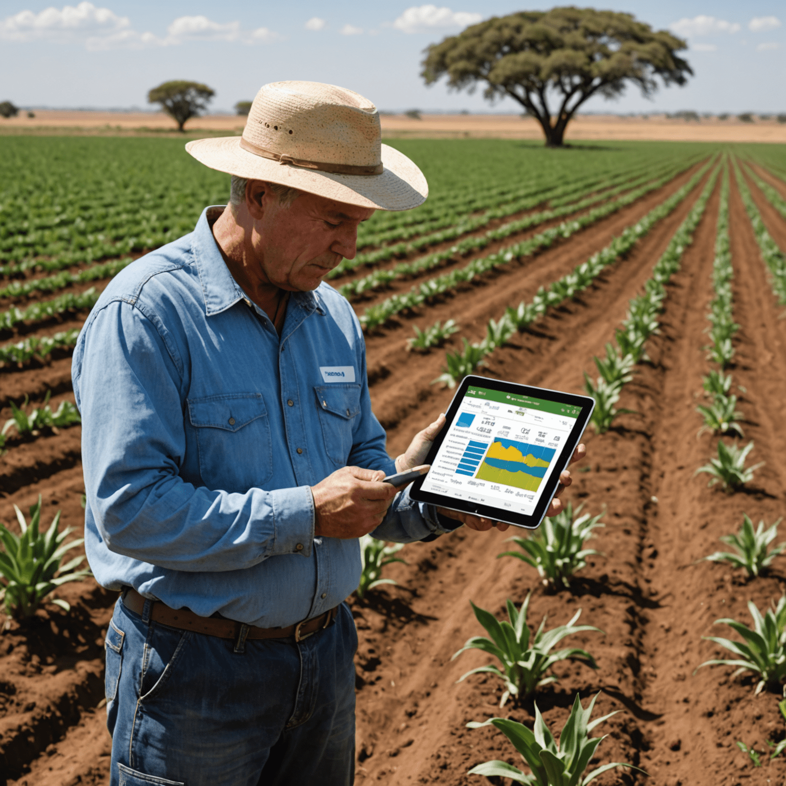 A farmer using a tablet to view real-time data on soil moisture levels and weather forecasts in a South African farm setting