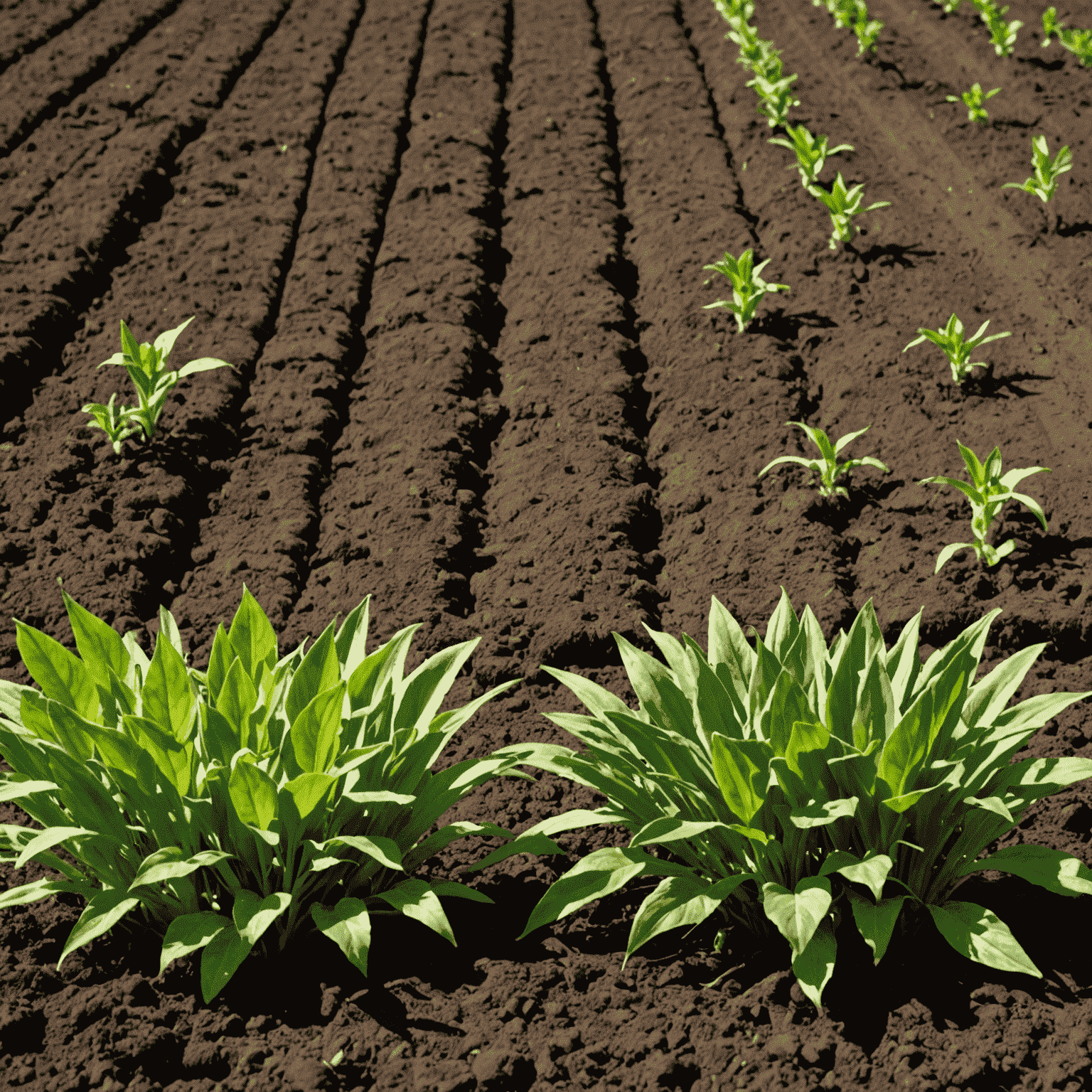 A split image showing a comparison between healthy, fertile soil with thriving crops and degraded soil with stunted plant growth