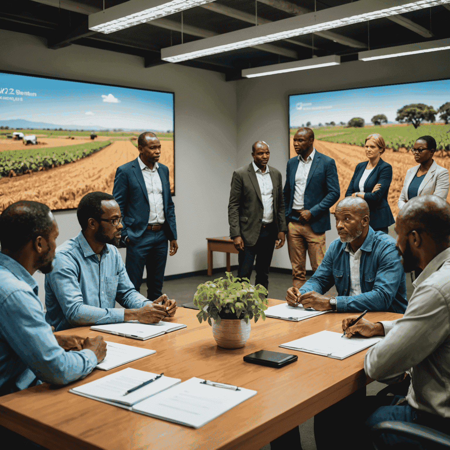 A diverse group of South African farmers and agricultural experts discussing climate-smart technologies in a modern conference room. The image shows a mix of traditional farming knowledge and cutting-edge technology.