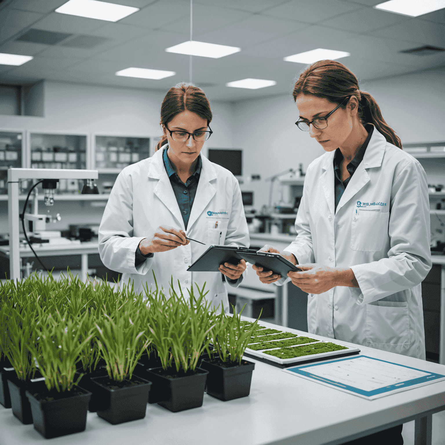 Scientists in a modern laboratory examining drought-resistant plant samples, with advanced equipment and data visualizations in the background