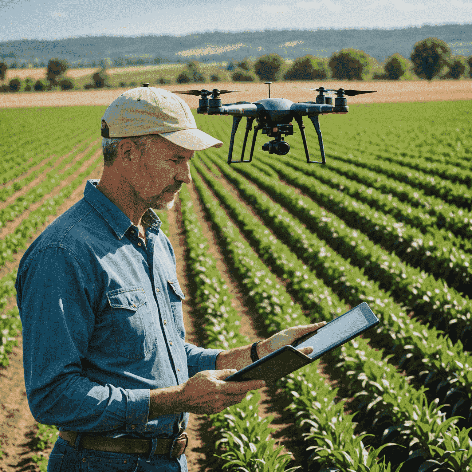 Farmer using a tablet in the field to monitor smart irrigation systems, with visible IoT sensors and a drone flying overhead