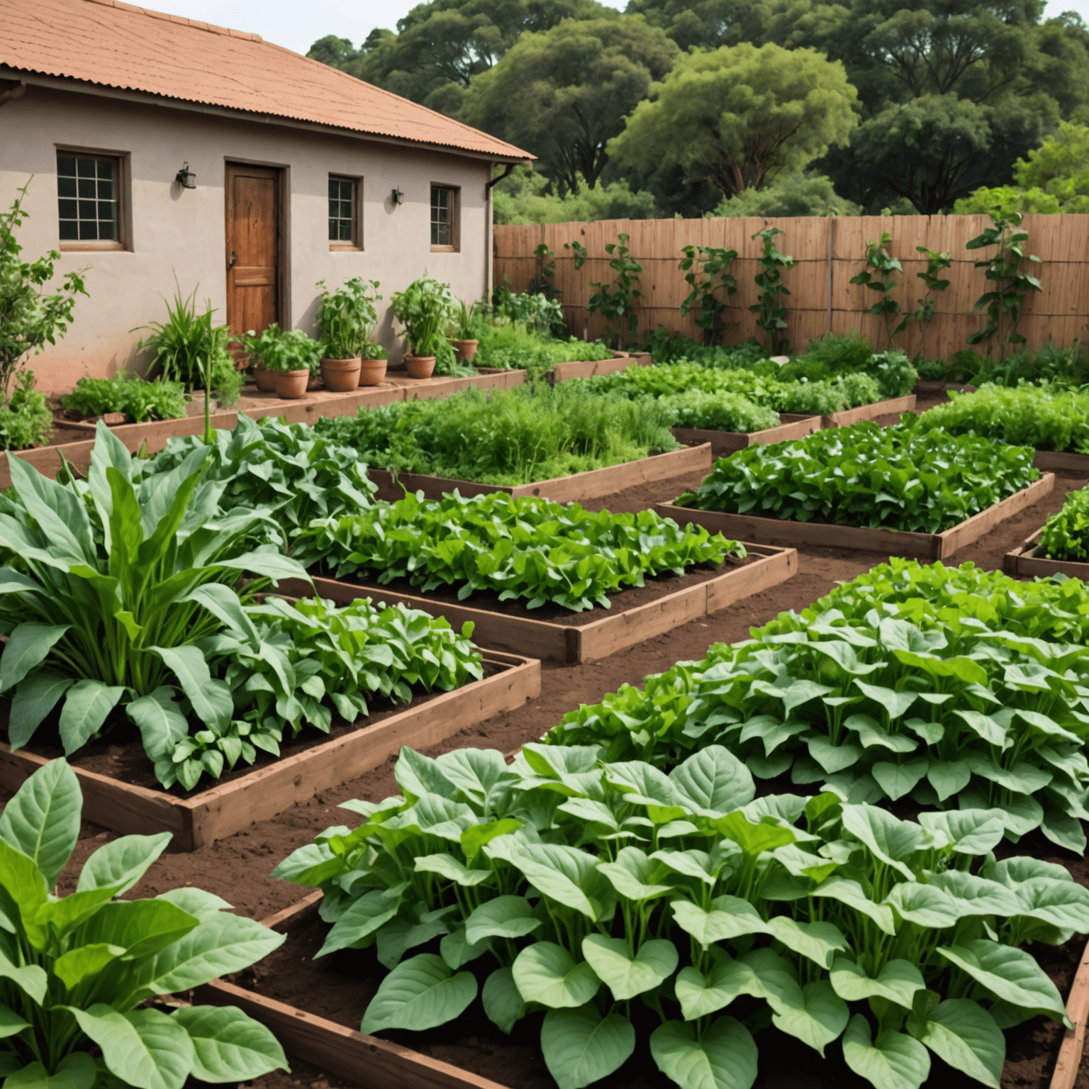 A diverse vegetable garden showcasing indigenous South African crops like amadumbe, cowpeas, and African leafy vegetables thriving in a water-efficient setup