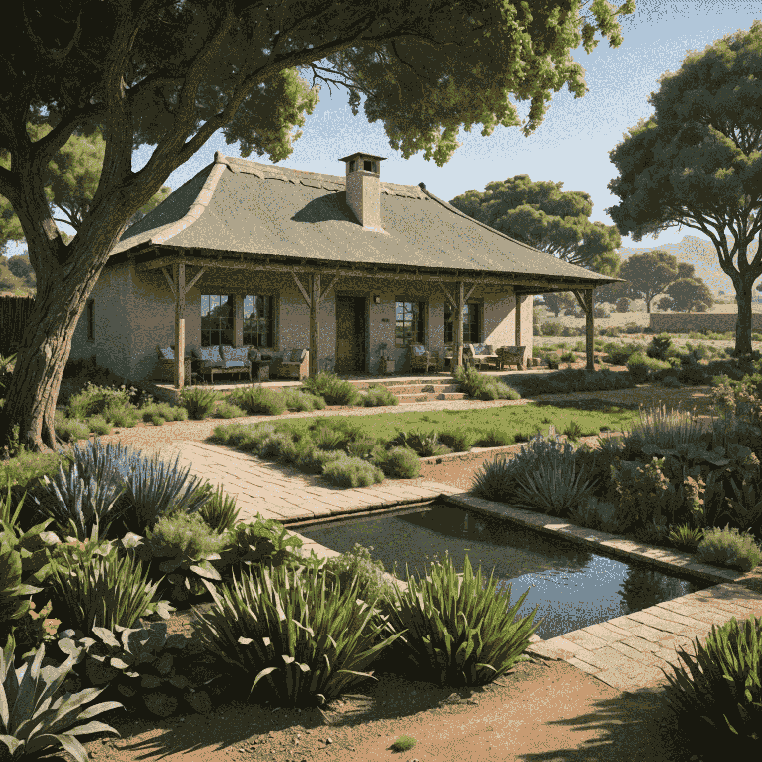 A lush, green South African farm implementing various water conservation techniques, including rainwater harvesting and efficient irrigation systems