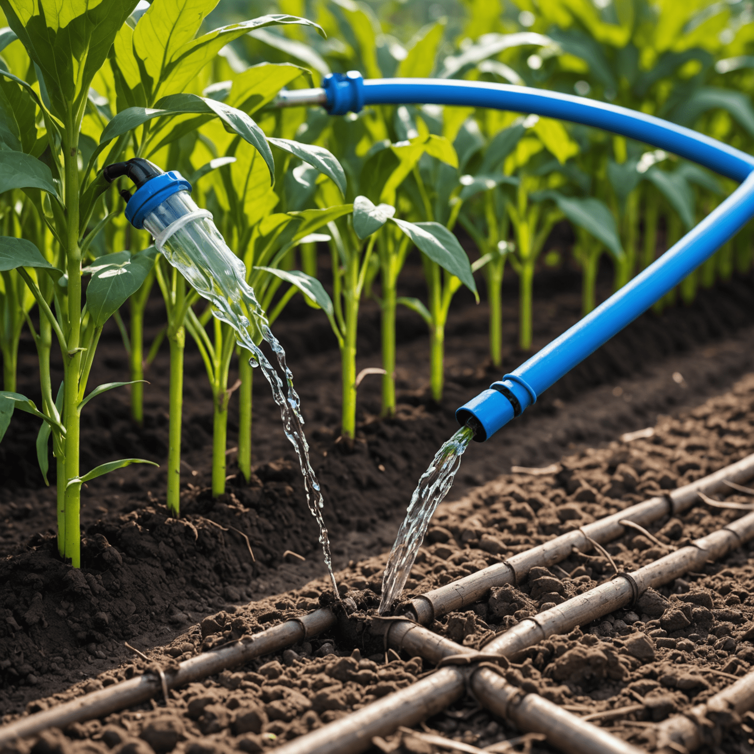 A drip irrigation system in action, precisely delivering water to crop roots