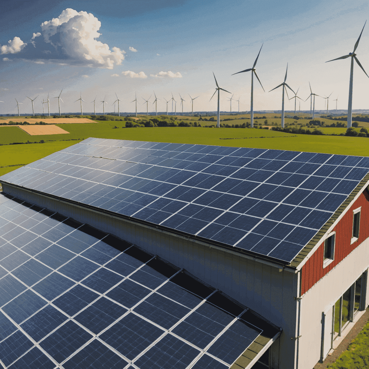 Solar panels installed on a farm building roof, with wind turbines in the background